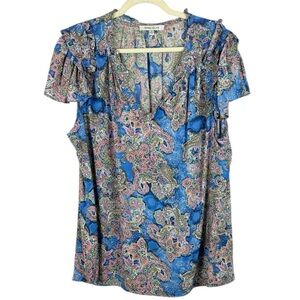 Rose & Olive Blue Paisley V-Neck Short Ruffle Frill Sleeve Size 1X Blouse